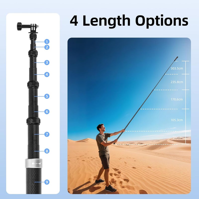 BRDRC 3m Selfie Stick for Insta360 X5 X4 Air, 118 Inch Carbon Fiber Invisible Ultra Long Extension Pole for Insta 360 ONE X5 X4 X3 RS, for DJI OSMO 360 Accessories (with Go Pro Adapter, Storage Bag) - Image 3